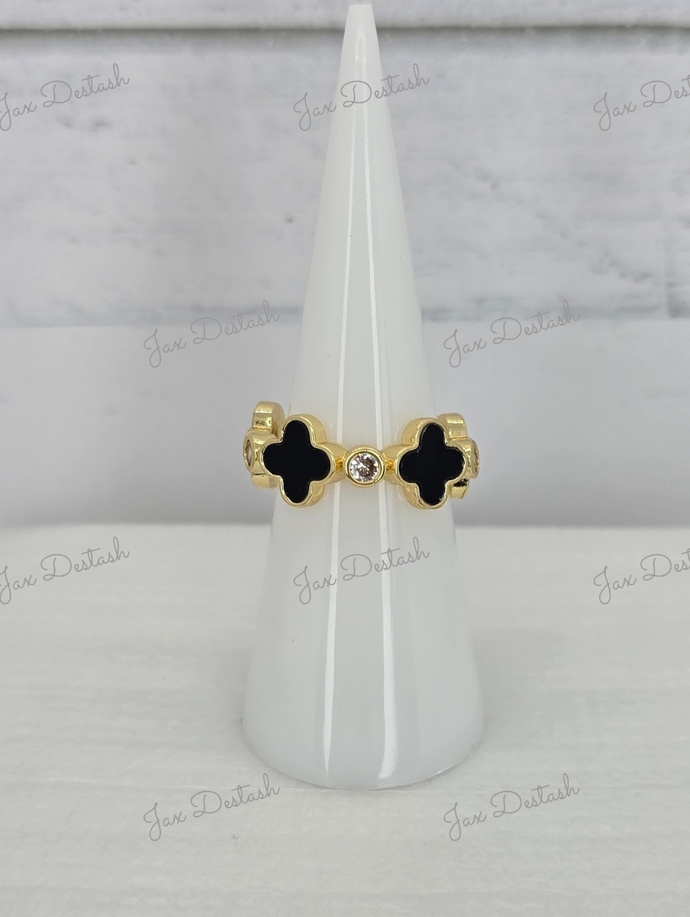 Gold Tone Black Clover Ring with Crystal Accent RG035